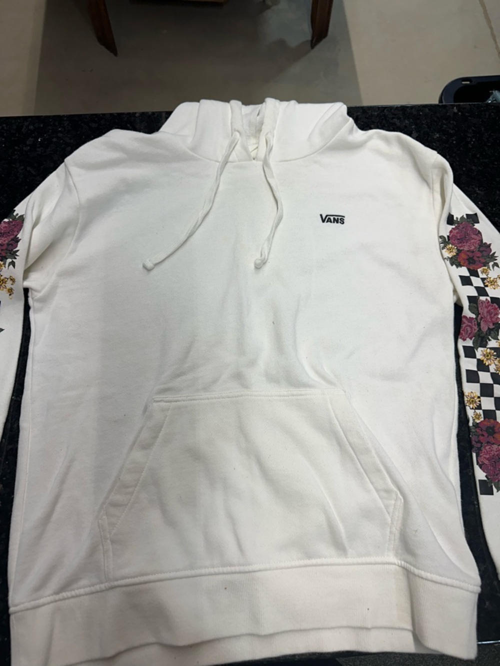 Vans White Hoodie with Floral Checkered Sleeve Panels
